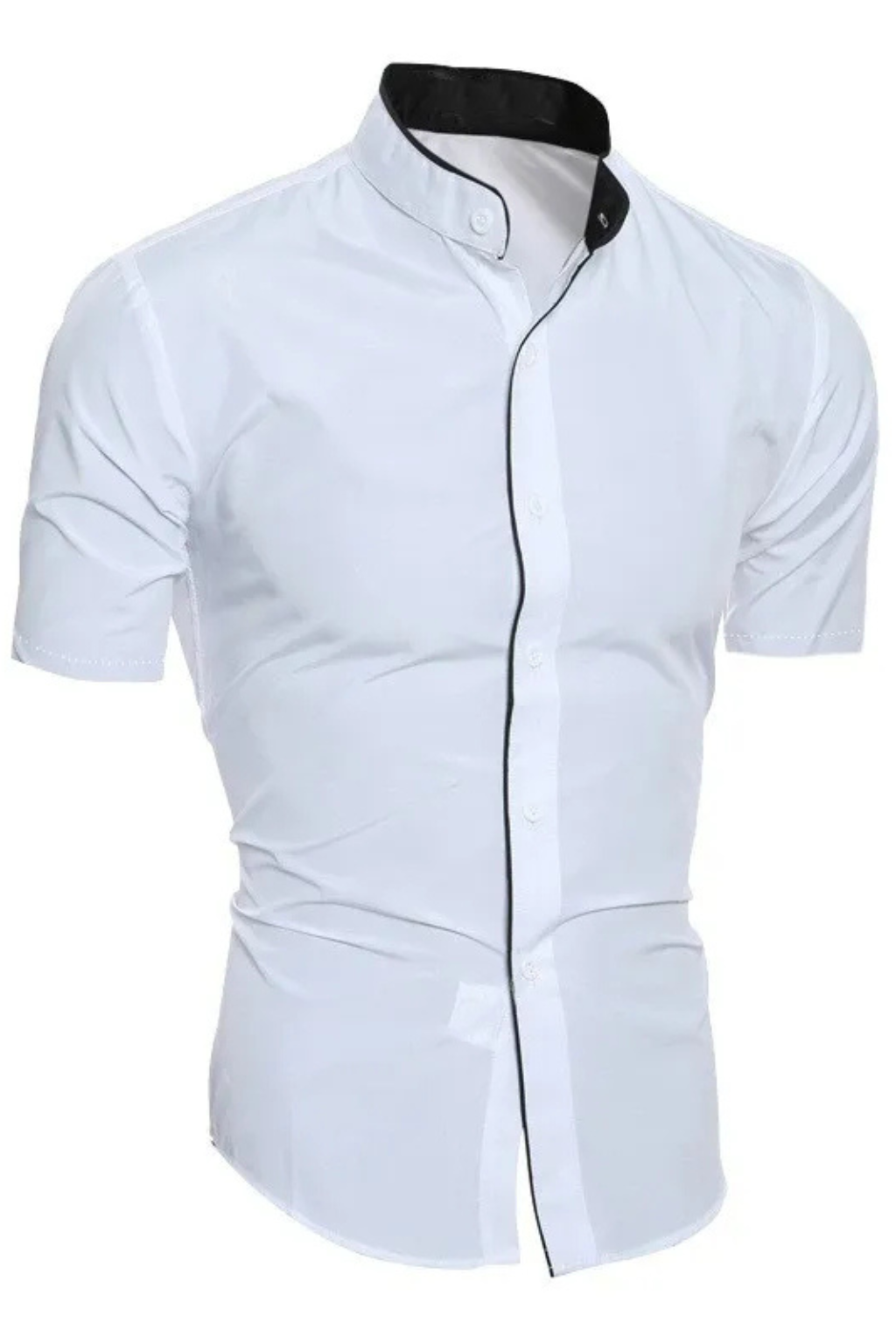 Camisa de Manga Corta Ajustada para Hombre con Cuello Mao y Ribete en Contraste