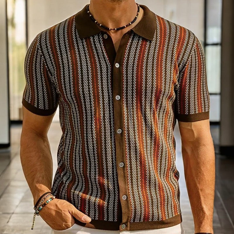 Polo de Punto para Hombre de Manga Corta con Rayas Verticales y Cierre de Botones