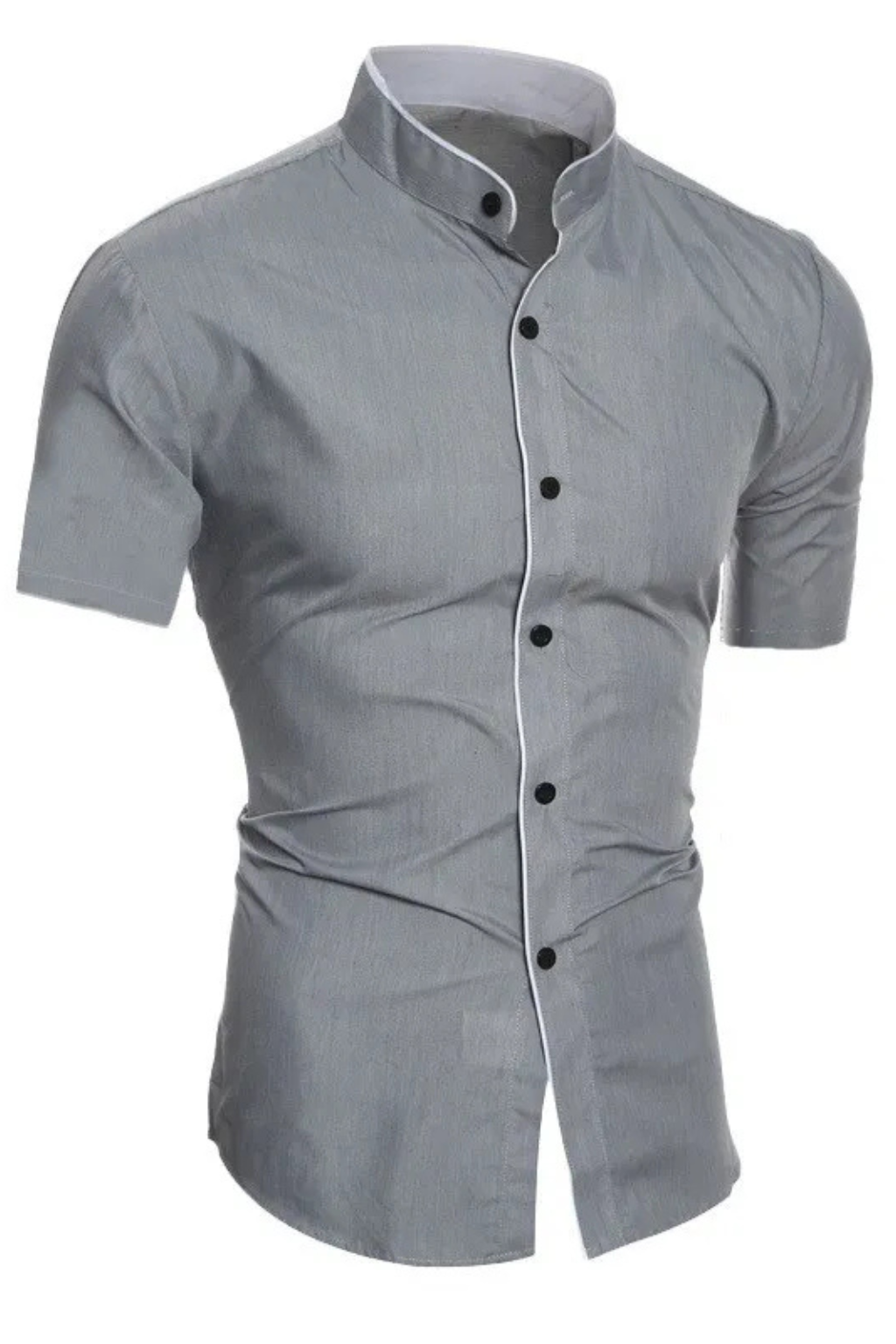 Camisa de Manga Corta Ajustada para Hombre con Cuello Mao y Ribete en Contraste
