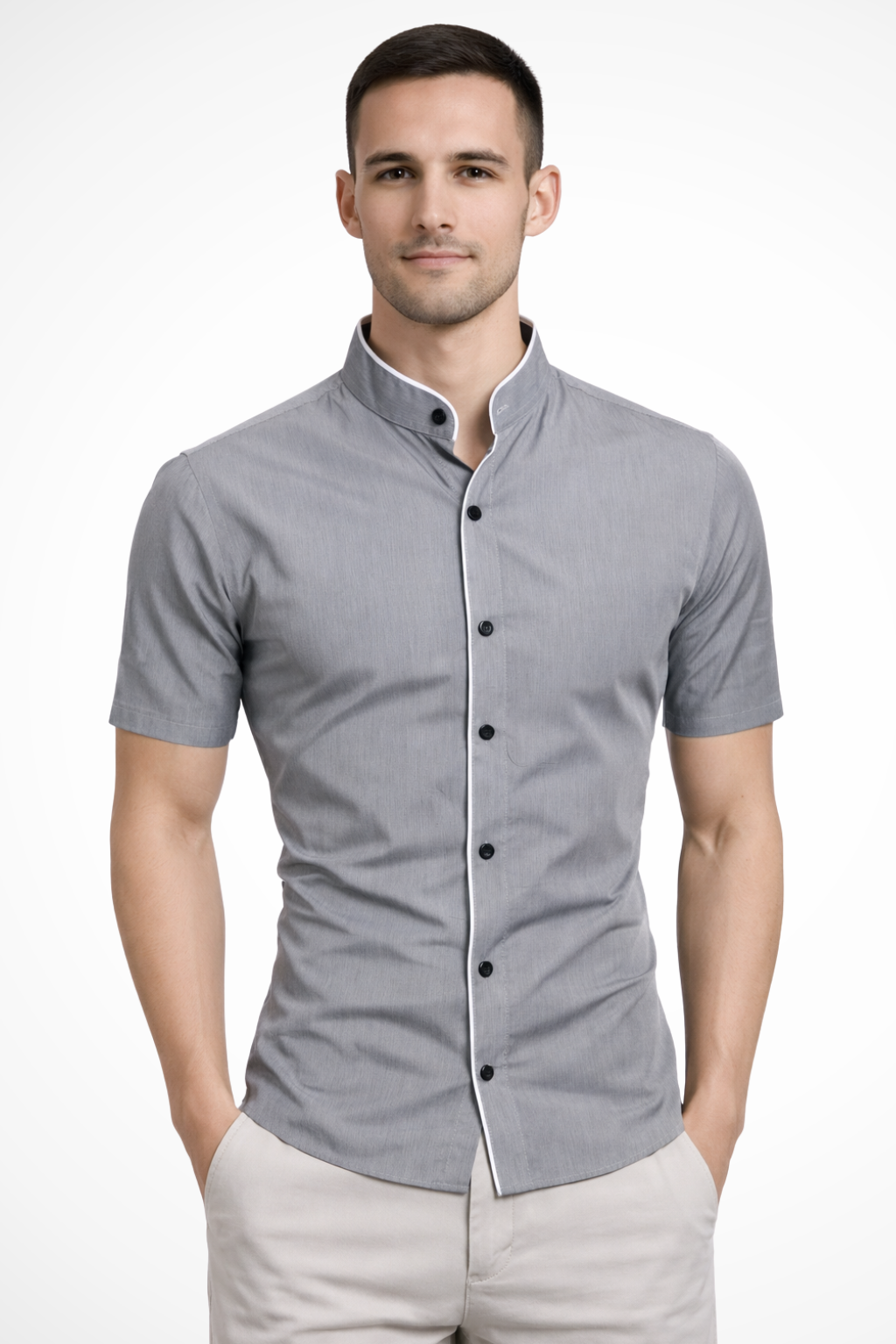 Camisa de Manga Corta Ajustada para Hombre con Cuello Mao y Ribete en Contraste