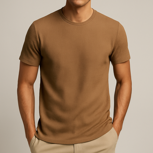 Camiseta para Hombre de Punto Waffle con Cuello Redondo y Manga Corta Casual