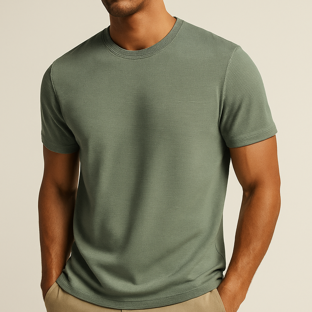 Camiseta para Hombre de Punto Waffle con Cuello Redondo y Manga Corta Casual