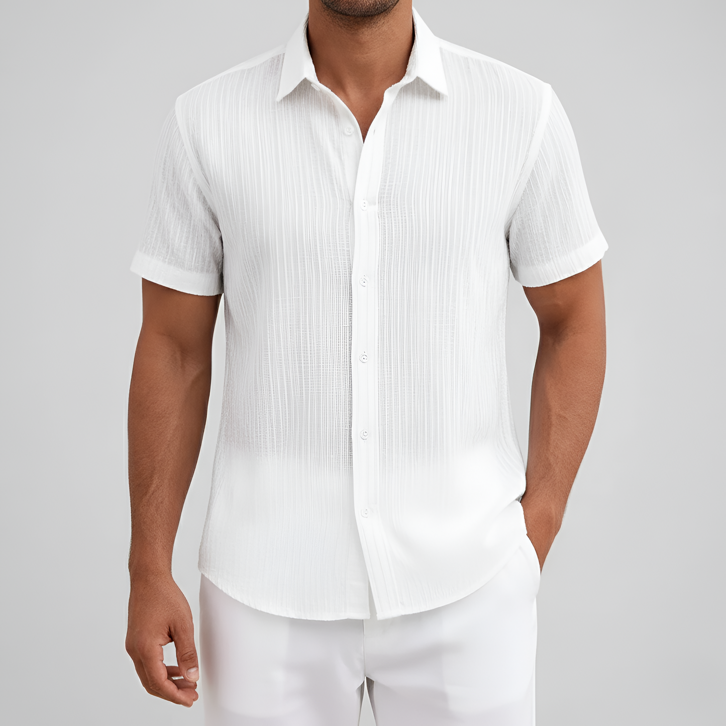 Camisa de Mezcla de Algodón para Hombre de Manga Corta con Cuello y Botones