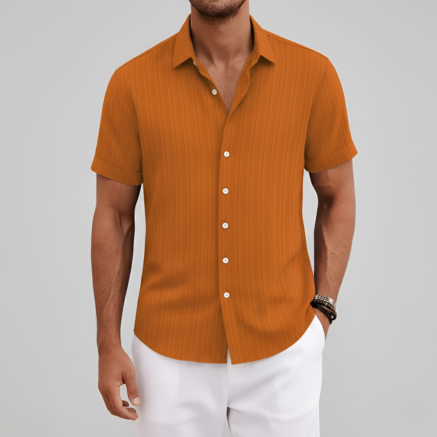 Camisa de Mezcla de Algodón para Hombre de Manga Corta con Cuello y Botones