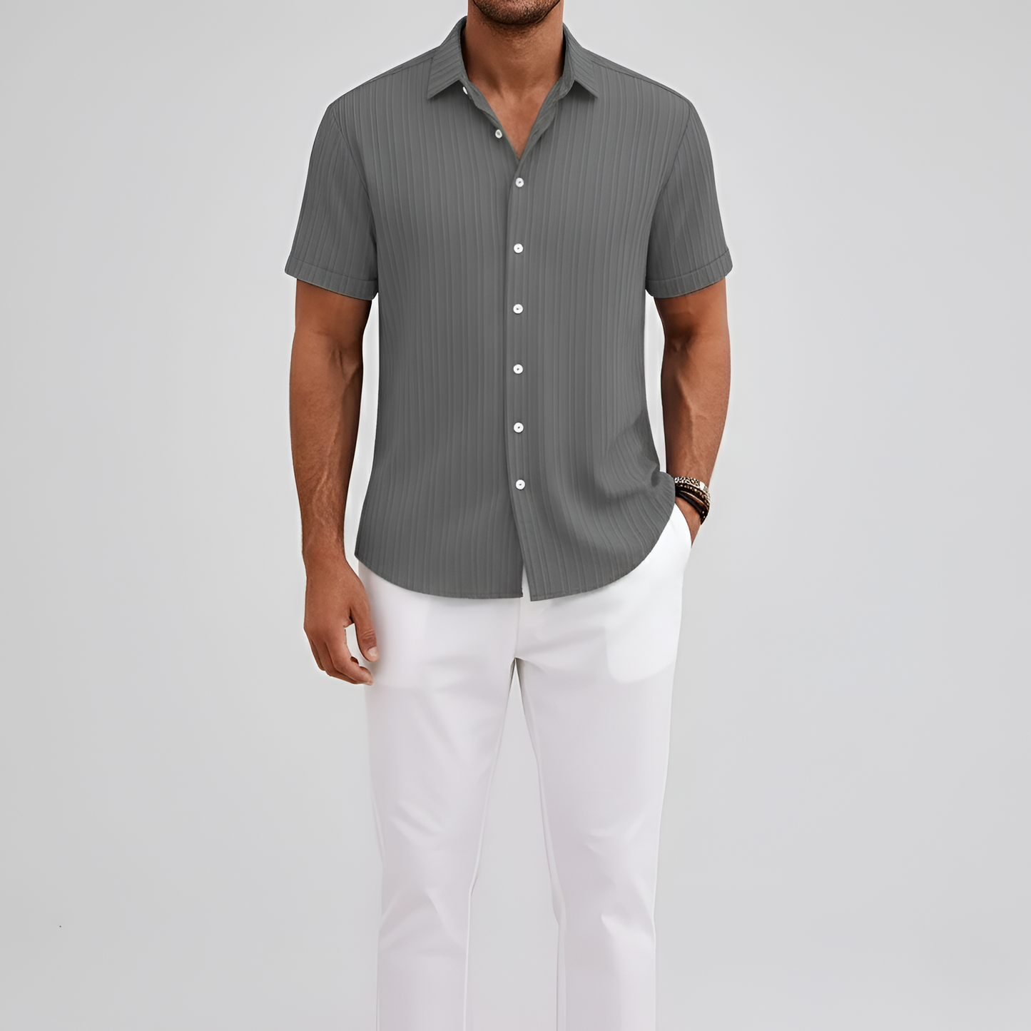 Camisa de Mezcla de Algodón para Hombre de Manga Corta con Cuello y Botones
