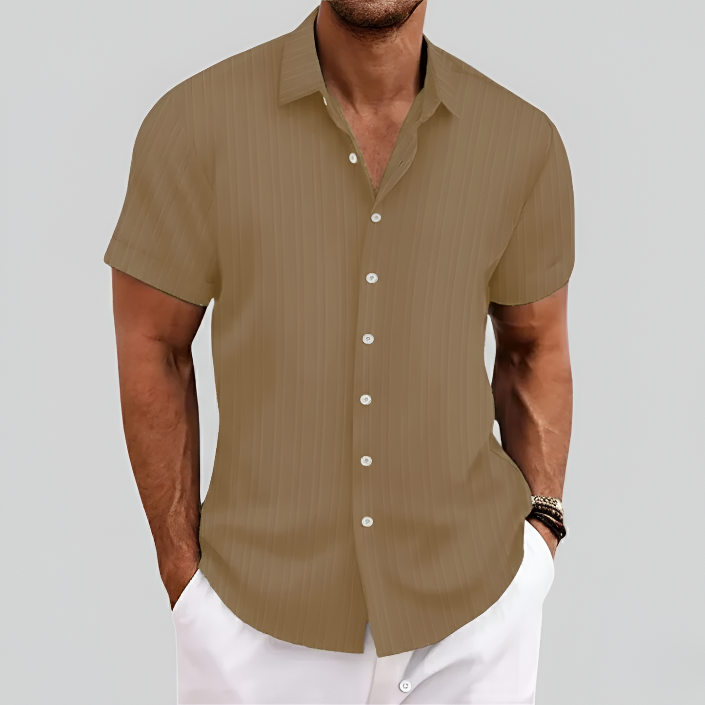 Camisa de Mezcla de Algodón para Hombre de Manga Corta con Cuello y Botones