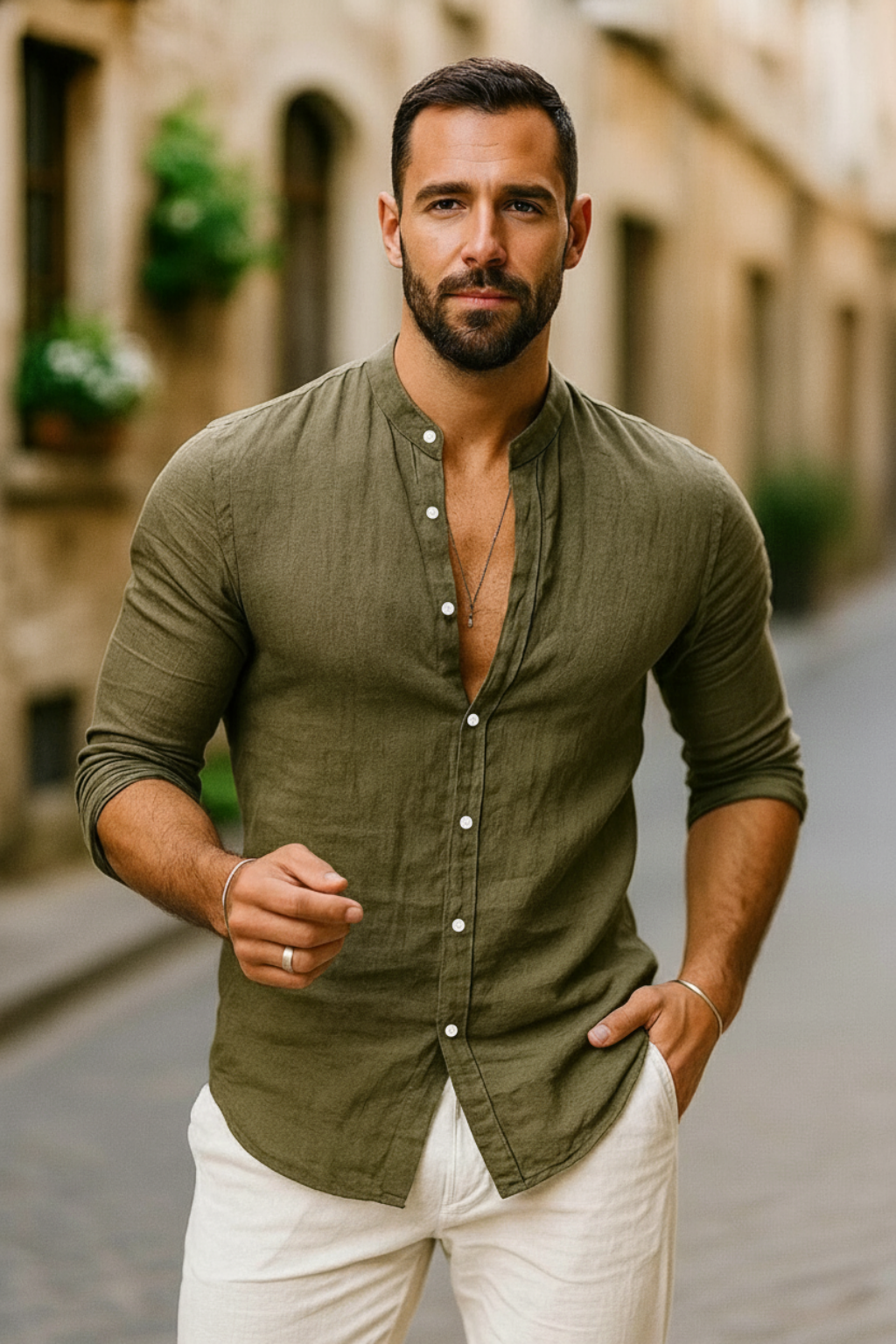 Camisa de Lino para Hombre con Cuello Clásico y Mangas de Tres Cuartos Ajustables