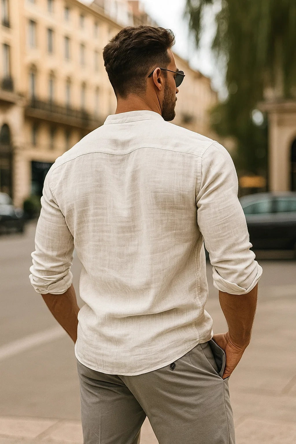 Camisa de Lino para Hombre con Cuello Clásico y Mangas de Tres Cuartos Ajustables