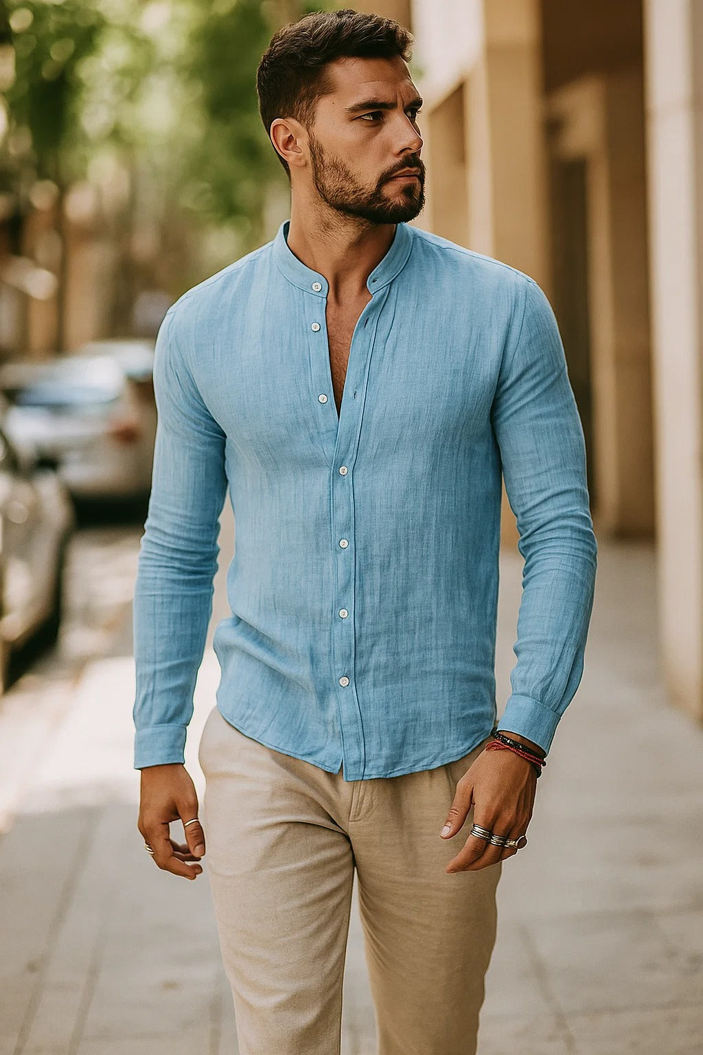 Camisa de Lino para Hombre con Cuello Clásico y Mangas de Tres Cuartos Ajustables