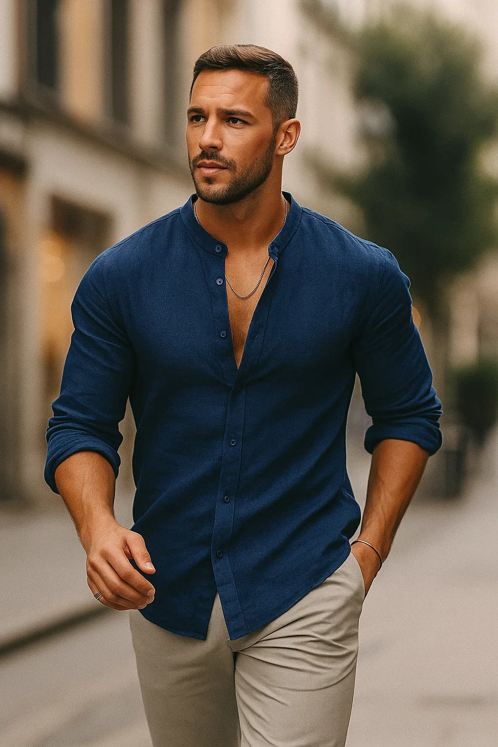 Camisa de Lino para Hombre con Cuello Clásico y Mangas de Tres Cuartos Ajustables