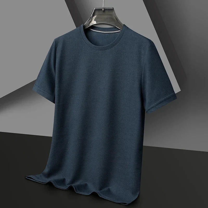 Camiseta para Hombre de Punto Waffle con Cuello Redondo y Manga Corta Casual