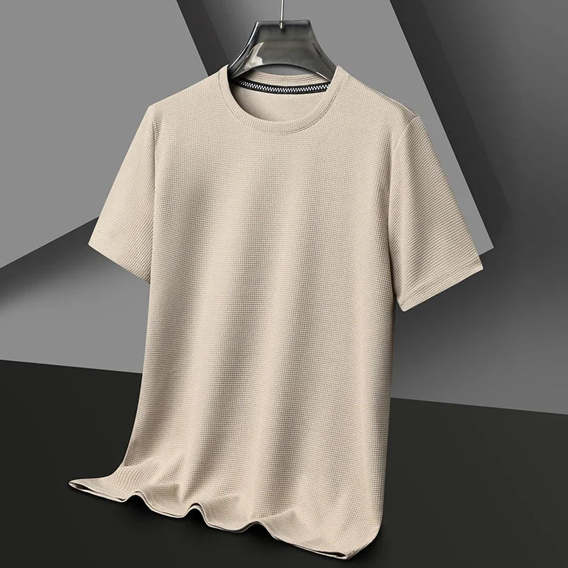 Camiseta para Hombre de Punto Waffle con Cuello Redondo y Manga Corta Casual