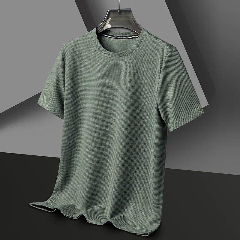 Camiseta para Hombre de Punto Waffle con Cuello Redondo y Manga Corta Casual