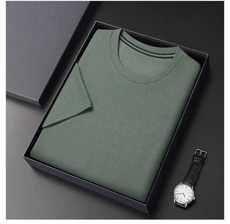 Camiseta para Hombre de Punto Waffle con Cuello Redondo y Manga Corta Casual